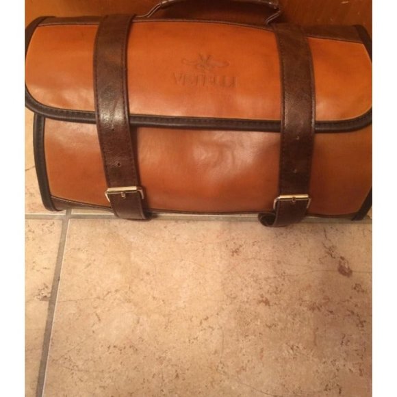 Foldable Hanging Leather Travel Toiletry Bag for Men with 2 Zippered - Picture 2 of 3